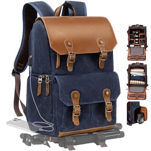 Image of Padwa Lifestyle Blue Waxed Memory Canvas Camera Backpack - Weather Resistant Camera Backpacks for Photographers,Multi DSLR SLR Camera Bag with 16” Laptop & Lens Compartment and Tripod Holder