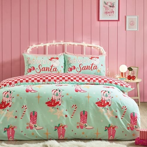 Image of Catherine Lansfield Santa's Howdy Christmas Reversible Single Duvet Cover Set with Pillowcase Green