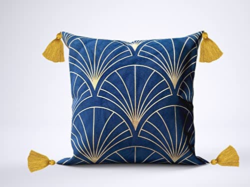 Image of Moroccanity Art Deco Geometric Velvet Gold Foil Tassels Cushion Pillow Cover (Navy Blue)