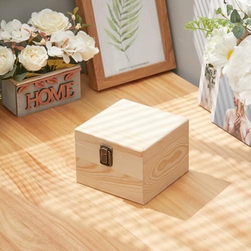 Image of Warmiehomy Small Wooden Box with Hinged Lid 14 x 14 x 10cm Unpainted Plain DIY Handmade Wooden Storage Box for Jewelry Keys Treasure Gift Memory Decorative