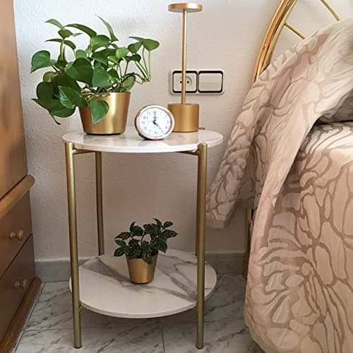Image of Marble Top Side Table Gold: 2 Tier Round Shape End Tables 40.5 x 55cm Sintered Stone Bedsides with Metal Golden Legs Modern White Nightstand Circular Sofa Corner Table for Living Room Reception
