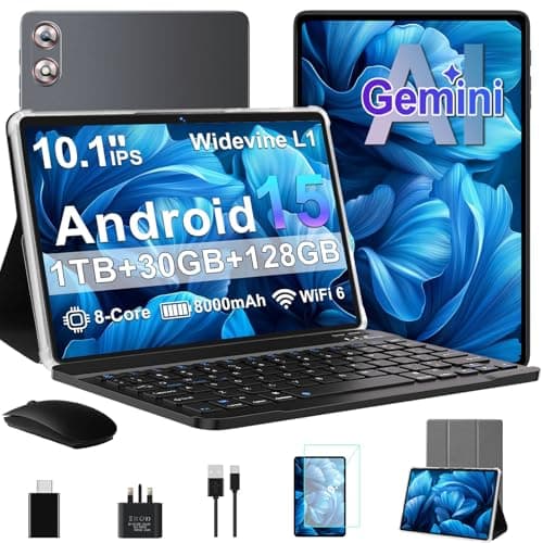 Image of fezawio 10.1 Inch Android 15 Tablet with Gemini AI, 30GB RAM 128GB ROM, 1TB Expandable, Octa-Core, WiFi 6, Widevine L1, 8000mAh, Included Mouse, Keyboard & Case, Grey