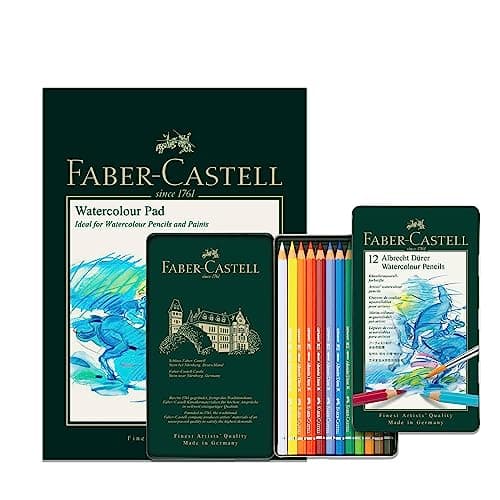 Image of Faber-Castell A4 Watercolour Pad & Tin Of 12 Albrecht Dürer Watercolour Pencils - Art Set For Adult Colouring Books, Craft Supplies, Drawing, Sketching, Lightfast Pencils, Schools, Home, College…