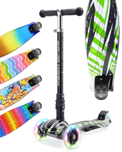 Image of BOLDCUBE Big Fold Swift Green | Three Wheel Scooter for Children Ages 5-10 Years | LED Wheels with Flashing Lights | Height Adjustable 65 to 89 cm | Rear Reflectors