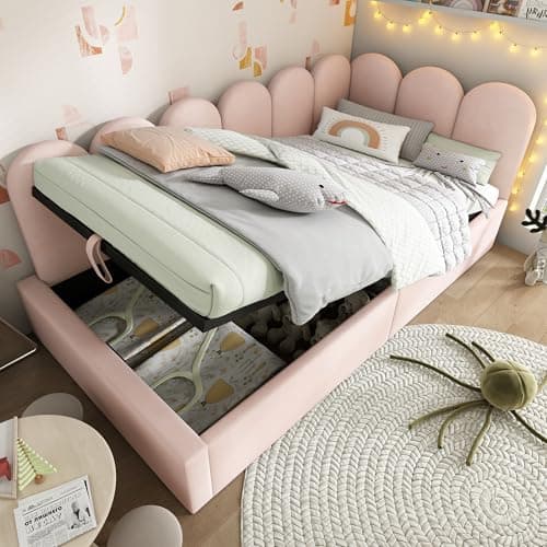 Image of SogesHome 3FT Single Upholstered Daybed with Hydraulic Storage, Ottoman Sofa Bed, Velvet Pink Sofa Bed with Metal Slatted Frame, L-Shaped Space-Saving Design, 90x190cm