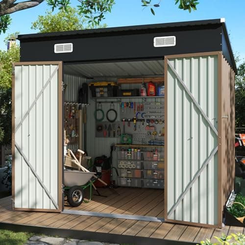 Image of Aoxun 8x6 ft Galvanised Steel Tool Shed, 225x191x193 cm Heavy Duty Metal Garden Storage with Sloping Roof & Vents, Secure Outdoor Bike Store for Backyard, Allotment & Garden