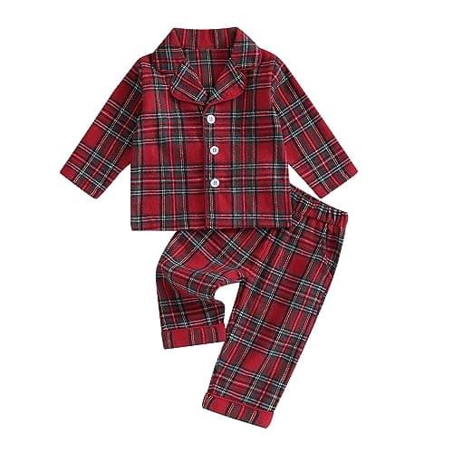 Image of Qianderer Kids Baby Boy Girl Pajamas Set Long Sleeve Button Down Shirt Top Pants Sleepwear Nightwear Homewear Loungewear Set (Cc Red, 4-5 Years)
