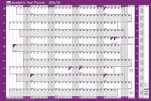 Image of Sasco 2024-2025 Academic Year Wall Planner, August to July School & University Wall Planner Set, Paper Large Whiteboard Poster Style Dry Erase Calendar, Purple, 915x610mm, 2410227