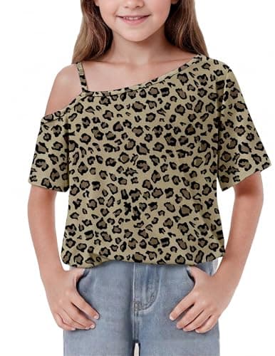 Image of Arshiner Girls T-Shirt Off Shoulder Tshirt Summer One-Shoulder Tee Shirt Children's Fashion Casual Short Sleeve Tops for Girls 11-12 Years Leopard Print