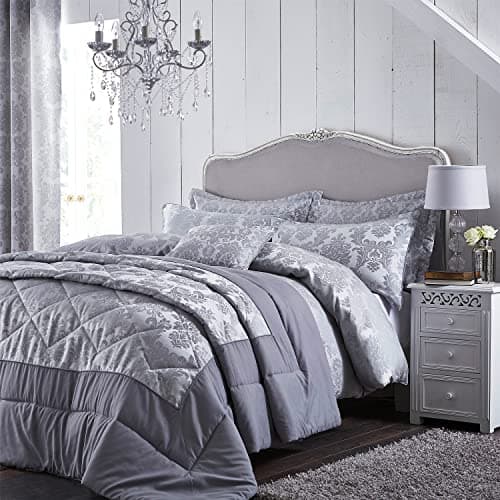 Image of Catherine Lansfield Damask Jacquard King Duvet Cover Set with Pillowcases Silver Grey