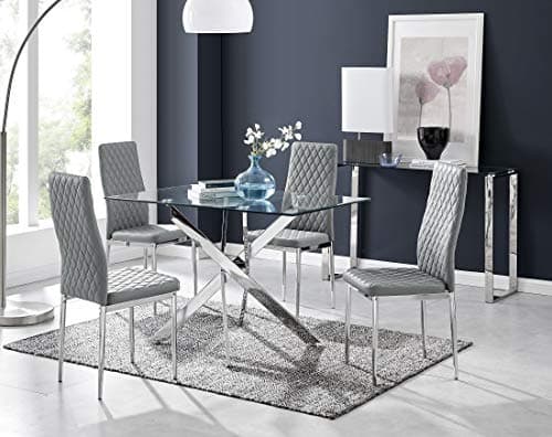 Image of Furniturebox UK Leonardo 4 Clear Glass and Chrome Metal Modern Stylish Dining Table and 4 Luxury Stylish Milan Dining Chairs Set (Dining Table + 4 Elephant Grey Milan Chairs)