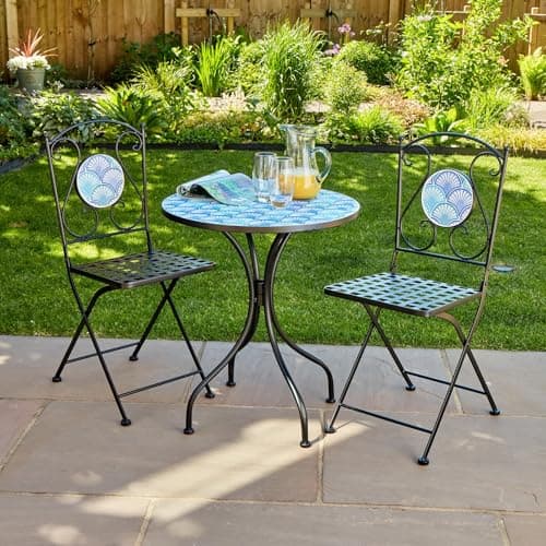 Image of Home Source Ocean Mosaic Bistro Set – Blue Shell Mosaic, Iron Frame, Folding Chairs | 61cm Round Table x 71H cm | 3 Piece Garden Patio Set