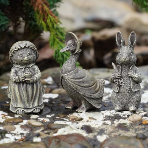 Image of Set 3 Jemima Puddle Duck + Peter Rabbit + Mrs Tiggywinkle Resin Ornament Statue Home Garden Ornament Mini Sculpture Decoration