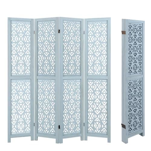 Image of Multigot 4 Panel Room Divider, Solid Paulownia Wood Folding Privacy Screen with Carved Pattern, Boho 165cm High Paravent Separator Freestanding Room Partition for Home Bedroom Office Studio