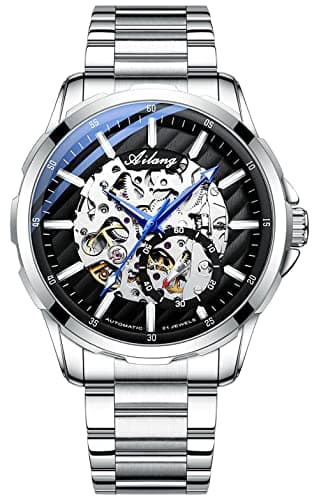 Image of TEINTOP Skeleton Watch for Men's with Steampunk Automatic Mechanical Wristwatch (Steel Band - Silver Black Face)