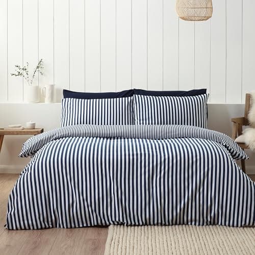 Image of Catherine Lansfield Brushed Stripe Cotton Reversible Double Duvet Cover Set with Pillowcases Navy Blue