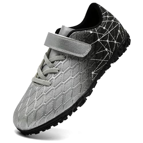 Image of PiDaGlobal Boys Football Boots Kids Girls Firm Ground Soccer Shoe Astro Turf Trainers Athletics Sport Futsal Shoes Teenager Profession Competition Indoor Outdoor Unisex 13UK Silver
