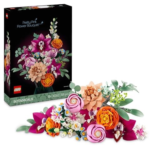 Image of LEGO Botanicals Pretty Pink Flower Bouquet Set for Adults - Floral Home Decor Building Kit with Artificial Roses, Daisies, Cornflowers and Elderflowers - Nature Gifts for Women and Men - 10342