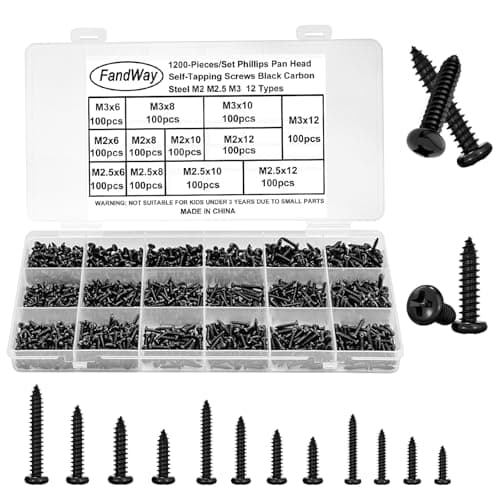 Image of FandWay 1200Pcs Self Tapping Screws Black,M2 M2.6 M3 Small Wood Screws Kit,Round Head Self Drilling Screw,Pan Head Sheet Metal Screw Phillips Drive for DIY Woodwork Repairs.