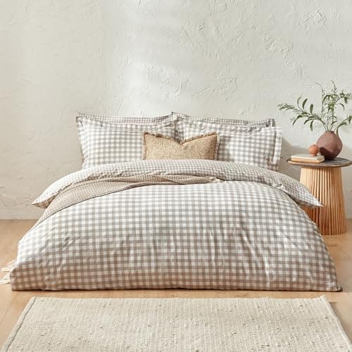 Image of Yard Barton Gingham Check Duvet Cover Set – 100% Cotton Reversible Oxford Pillowcases Soft & Breathable Premium Bedding (Natural – Super King)