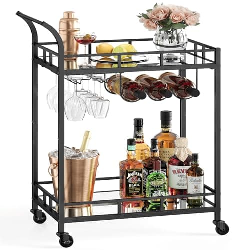 Image of VASAGLE Drinks Trolley, Bar Cart, Serving Trolley with 2 Mirrored Shelves, Wine Holders, Glass Holders, for Home Bar, Kitchen, Dining Room, Black LRC092B62