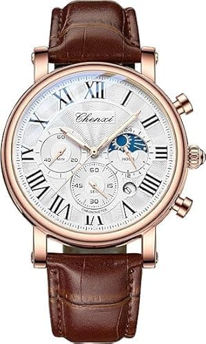 Image of Men's Luxury Chronograph Watch | Rose Gold 42mm | Brown Leather Strap | Moonphase Indicator | Multi-Dial Precision Timekeeping | Roman Numeral Dial | Gift Box Included | Professional Dress Watch