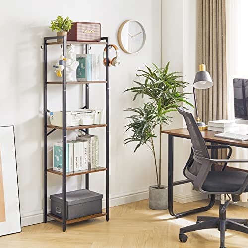 Image of YMYNY Bookshelf,5 Tier Storage Rack, Plant Rack, Storage Rack with Steel Frame,for Living Room, Office, Study, Hallway, Industrial Style, Rustic Brown and Black HBC005H