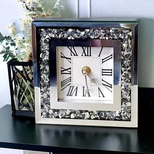 Image of SERENA'S ® Elegant Square Crushed Diamante Mantle Clock with Roman Numerals – Mirrored Glass Design for Stylish Desk or Table Décor – Perfect for Home or Office – 15cm x 15cm