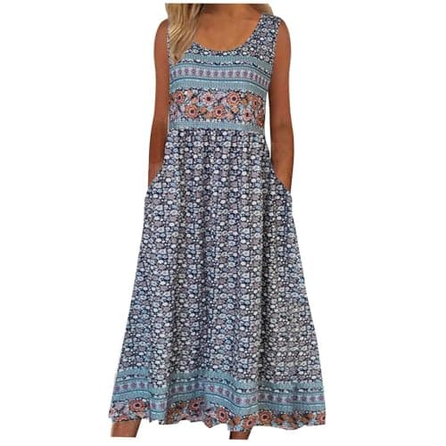 Image of Boho Dresses for Women UK Italian Short Sleeve Button V Neck Dress with Pocket Ladies Floral Casual Sundress Elegant Swing Midi Dress Loose Pullover Lounge Dresses Beach Holiday Sundress
