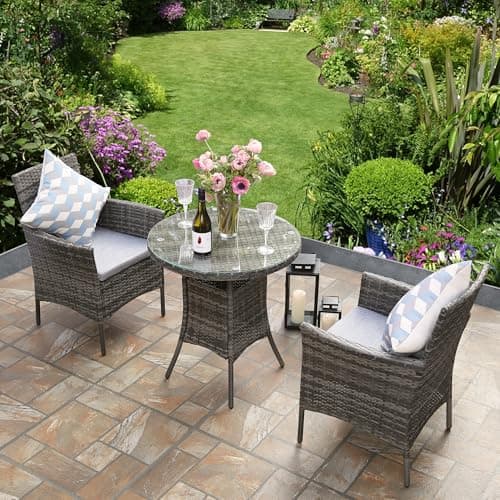 Image of RayGar 3pcs Rattan Garden Furniture Bistro Set Chair Coffee Table Patio Outdoor 2 Seater - Grey