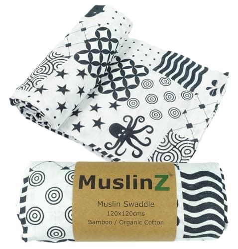 Image of MuslinZ Newborn Sensory Muslin squares in Black and White for Visual Stimulation and Play, Tummy Time, Exlarge Muslin for baby, Bamboo with Organic Cotton. (Sensory, 120x120cms)
