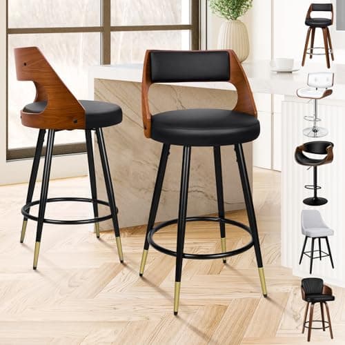 Image of ALFORDSON Bar Stools Set of 2, 360° Swivel Barstools with Thick Padded PU Leather Seat, Solid Wooden Bar Stool for Kitchen, Pub & Dining Room Counter, 150KG Load Capacity, Black