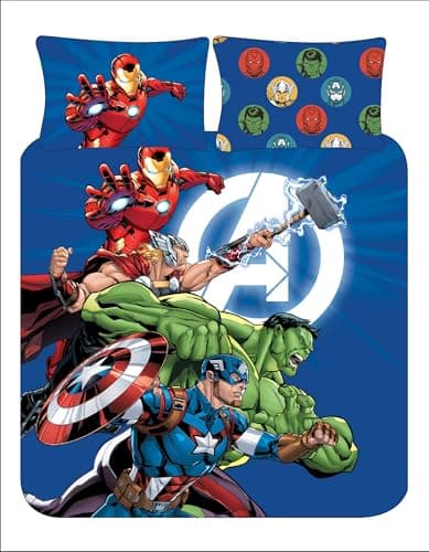 Image of Marvel Avengers Double Duvet Cover Set – Reversible Superhero Bedding for Kids or Teens – Official Marvel – Polycotton 52% Cotton 48% Polyester – Blue – UK Double Bed Size