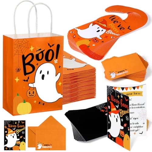 Image of Kolldenn 12 Sets Halloween You've Been Booed Kit with You've Been Booed Ghost Bag Ghost Envelope Doorknob Hangers Cardstock Manual for Kids Family Halloween Gifts Boo Birthday Party Supplies (Orange)