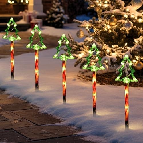 Image of ADEPTNA Christmas Candy Cane LED Lights with Timer - Battery Powered Xmas Pathway & Driveway Decorations, Outdoor Holiday Garden & Patio Lights for Festive Decor (5 PK Xmas Tree)
