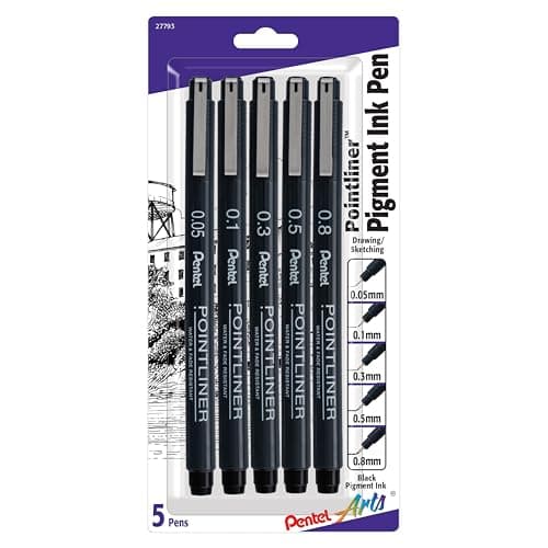 Image of Pentel Arts Pointliner Drawing Pen, 5-Pack, Assorted Sizes, Black Ink (S20PBP5A)
