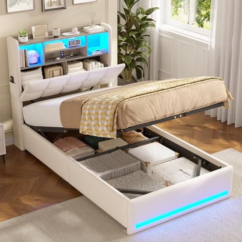 Image of AOGLLATI Single Ottoman Bed,3ft Upholstered Storage Bed with Hydraulic Storage and Charging Station Upholstered Platform Bed frame with Storage Headboard & Led Lights(Beige, Single-90x190cm)