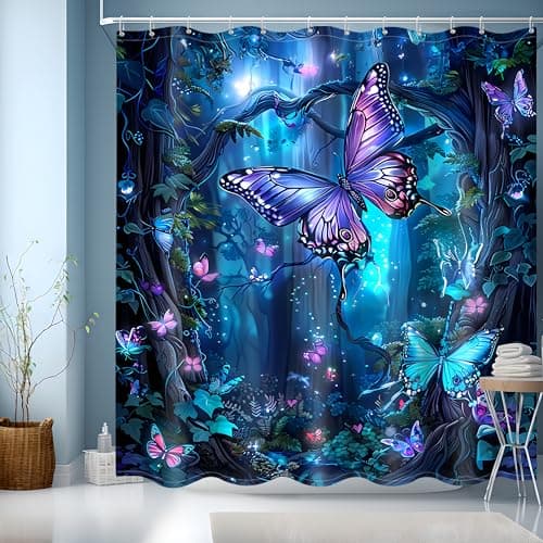 Image of JINGYOU Blue Shower Curtain,Bathroom Shower Curtain 200cm Drop,Weighted Shower Curtains for Bathroom,3D HD Butterfly Theme Bath Curtain with 12 Hooks- Shower Curtains 180 x 200cm Drop