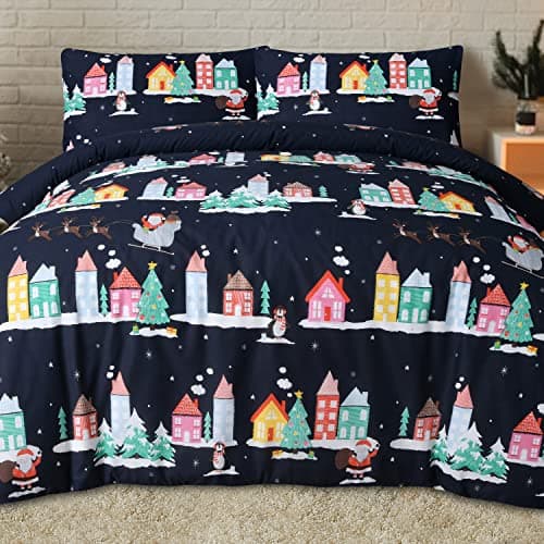 Image of Sleepdown Santa Town Xmas Festive Navy Reversible Duvet Cover Quilt Bedding Set with Pillowcases Soft Easy Care Bed Linen - Double (200cm x 200cm), 5056557512676, Multicolor