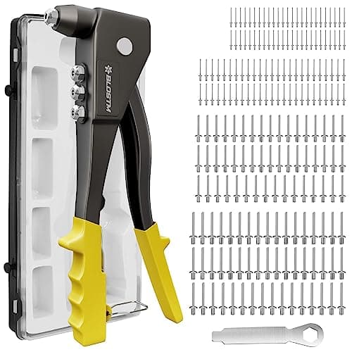 Image of BLOSTM Pop Rivet Gun Kit - Full 200 Rivet Set with Pop Riveter & Carrying Case Containing 200 Rivets in 4 Sizes 2.4mm 3.2mm 4mm 4.8mm for Metal, Wood and Plastic - Complete Pop Rivet Set & Organiser