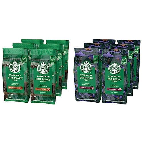 Image of STARBUCKS Espresso Roast, Dark Roast, Whole Bean Coffee 200g (Pack of 6) & Pike Place Roast, Medium Roast, Whole Bean Coffee 200g (Pack of 6)