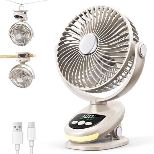 Image of iNeibo 6000mAh Portable Clip on Fan with 180° Auto Oscillation, 6" Rechargeable Desk Fan with LED Lights & Timer, 5 Speeds, Quiet Small Table Fan for Bedroom Home Outdoor Camping Stroller (Beige)