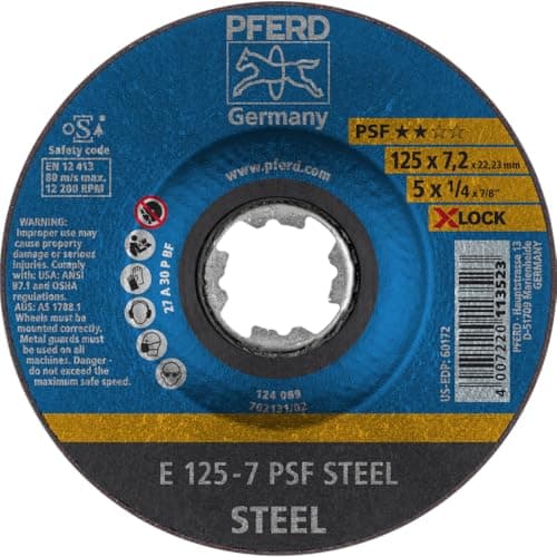 Image of PFERD Grinding Disc, Pack of 10, 125 x 7.2 mm, X-Lock (22.23 mm), PSF Steel, 62011125 - for Quick and Comfortable Tool Changes