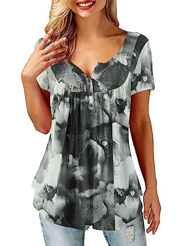 Image of Beluring Women's Casual V Neck Short Sleeve Blouses Loose Tie Dye Shirts Tops Black Size 16 18