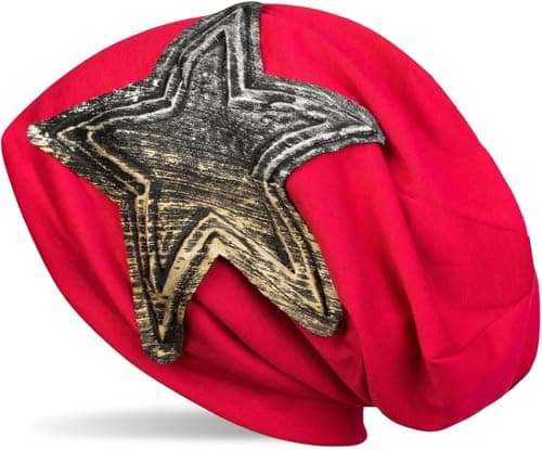 Image of styleBREAKER Beanie hat with Vintage Metallic Star Application and Fleece Inner Lining, Slouch Long Beanie, Unisex 04024107, Colour:Red