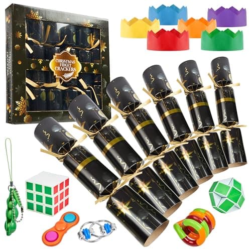 Image of KreativeKraft Luxury Pop Christmas Crackers, Pack of 6 Deluxe Xmas Crackers, Family-Friendly Novelty Xmas Gifts, Fun Party Table & Christmas Decorations (Black Fidget Toys)