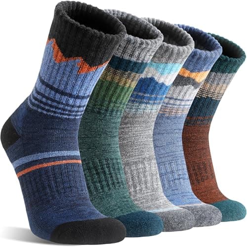 Image of Sandsuced Mens Merino Wool Hiking Socks Thermal Cosy Walking Winter Warm Crew Breathable Socks Stocking Fillers 5 Pairs(Assorted Green,7-11)