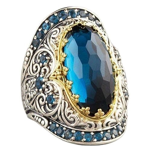 Image of Vintage Two-Tone Luxury Court Style Blue Gemstone Ring Oval Cut Sapphire Ring Vintage Carved Flower Pattern Ring Eternity Engagement Wedding Band Ring Cocktail Party Ring for Women ST.335 (9)