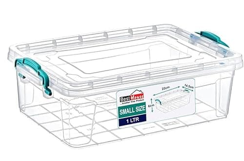 Image of Best House | Small Plastic Storage Box with Clips & Lids | Size 1L (L:21.6cm W:14.6cm H:6cm) | Set of 1 | Flat Shape |Stackable Clear Multipurpose Home Office Kitchen Tools Crafts Bits N Pcs-1 Litres