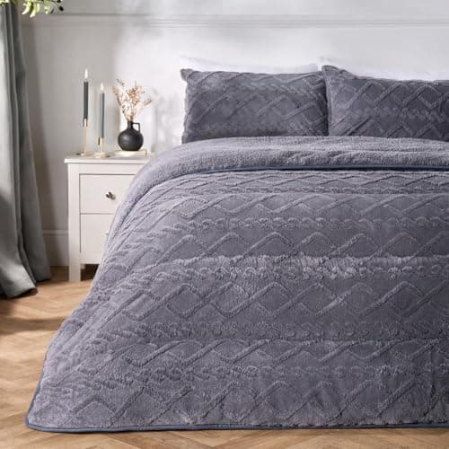 Image of OHS Coverless Duvet King Size 10.5 Tog, Soft Warm Teddy Fleece Cable Knit Design Autumn Winter Coverless Duvet Comfy Cosy Washable Quilted King Size Duvets with Pillowcases, Grey